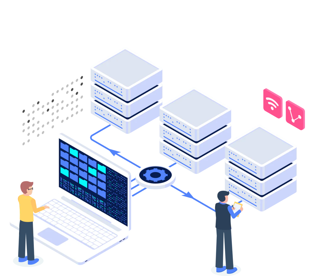 Engineers managing connected server clusters and cloud infrastructure.