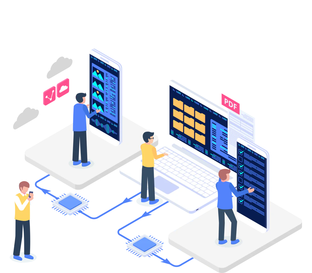 People completing a workflow across connected application screens.