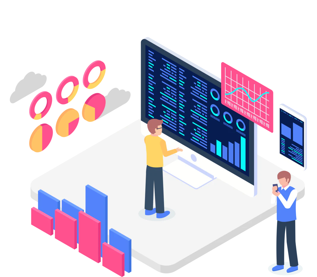 Two analysts reviewing operational dashboards and performance charts.