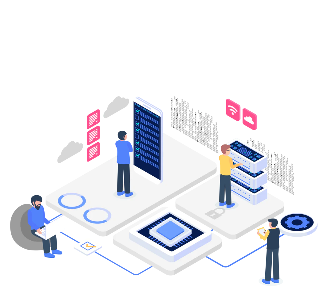 People managing connected data, AI processing, and automated tasks.