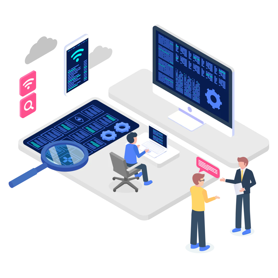 A team inspecting software and data across connected screens.