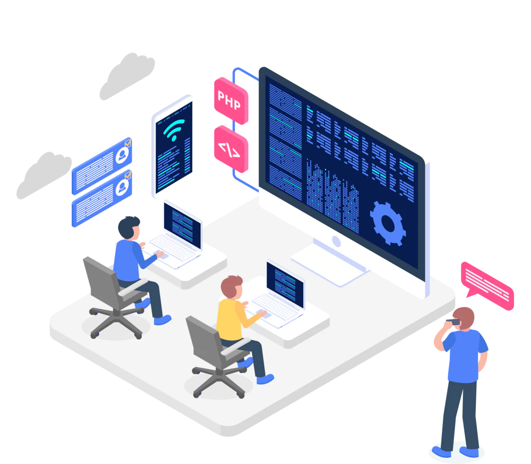 Engineers working across code, request, and system status screens.