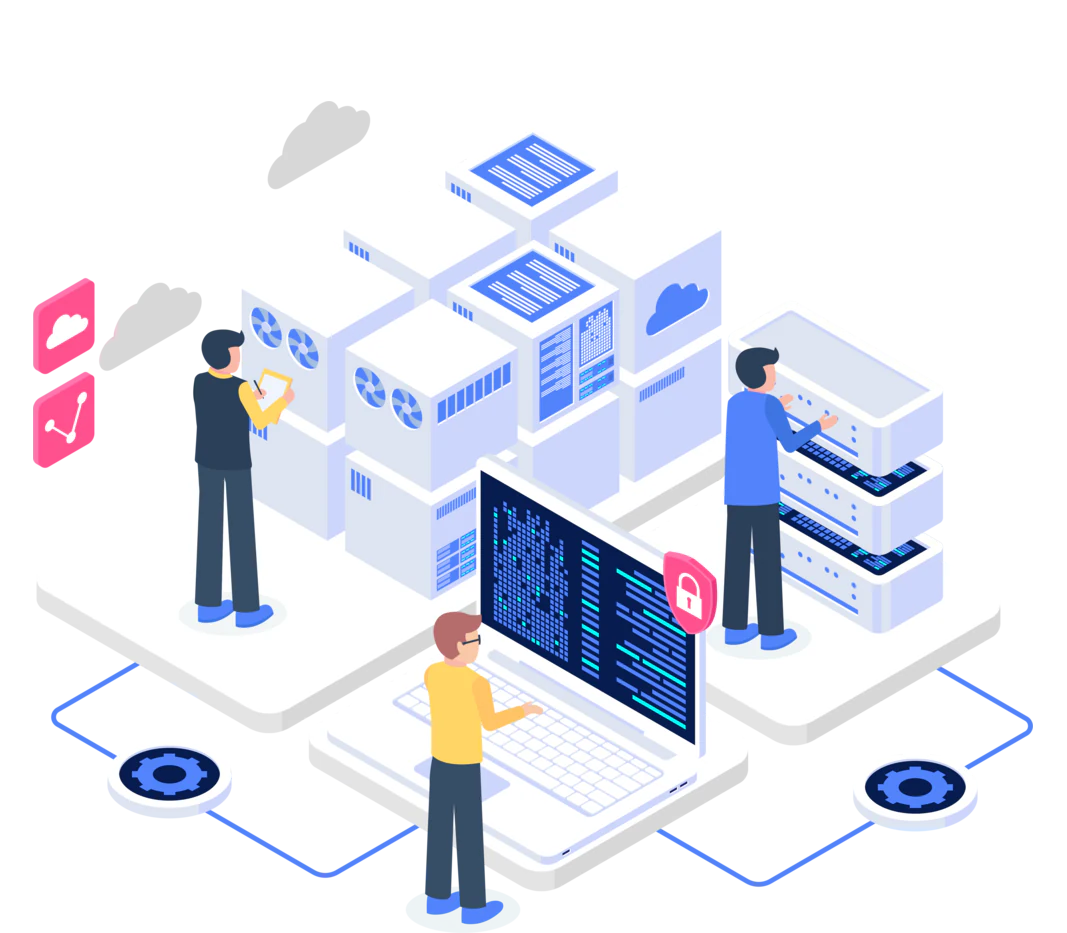 Engineers working with virtualised server and container platform components.