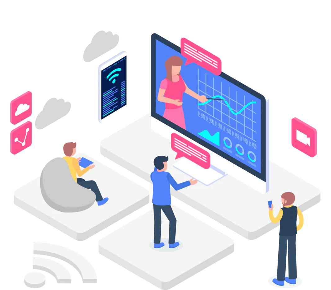 People communicating through video, messaging, and connected devices.