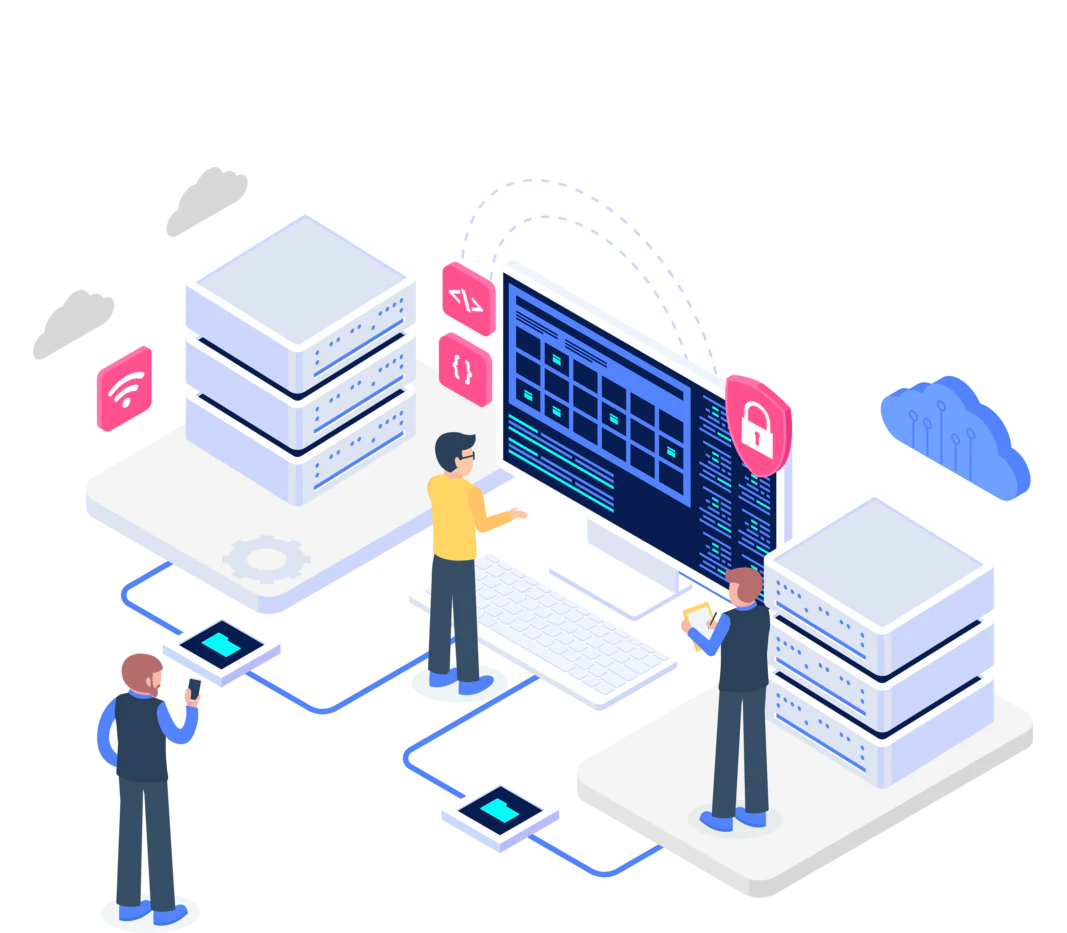 People integrating application interfaces with connected server systems.